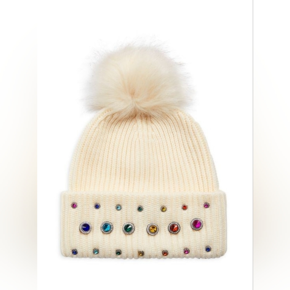 KURT GEIGER LONDON Rainbow Embellished Faux Fur Pom Pom Beanie